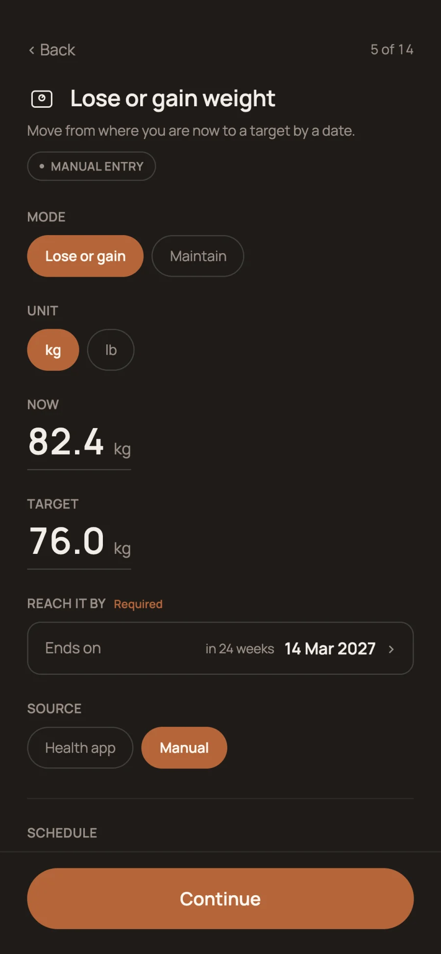 Reflet goal setup for losing or gaining weight