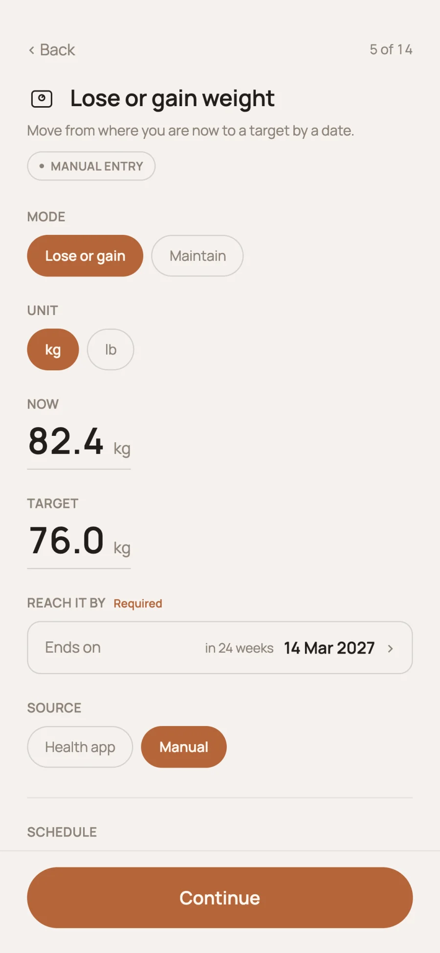 Reflet goal setup for losing or gaining weight